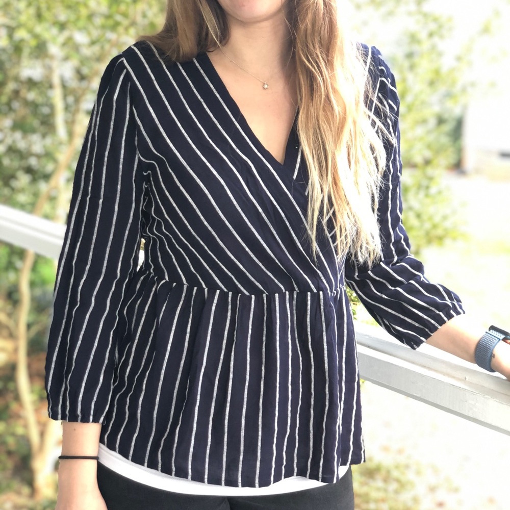 Navy and white empire waist blouse